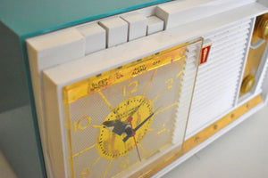 Seafoam Turquoise and White 1962 Olympic Model 558 Tube AM Clock Radio Sounds Heavenly Top Of The Line!