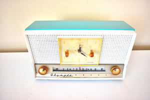 Ocean Turquoise 1959 Olympic Model 555 Vacuum Tube AM Clock Radio Rare Beautiful Color Sounds Fantastic!