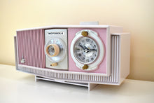 Load image into Gallery viewer, Pink and White Delight Mid-Century 1963 Motorola Model C19B25 Vacuum Tube AM Clock Radio Soft Color Combo!