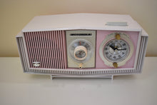 Charger l&#39;image dans la galerie, Pink and White Delight Mid-Century 1963 Motorola Model C19B25 Vacuum Tube AM Clock Radio Soft Color Combo!