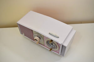 Pink and White Delight Mid-Century 1963 Motorola Model C19B25 Vacuum Tube AM Clock Radio Soft Color Combo!