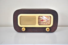 Load image into Gallery viewer, Leather Grain Covered Curved Wood 1948 Philco Model 48-206 Vacuum Tube AM Radio Sounds Great Beautiful Design!