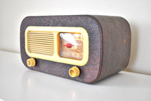 Load image into Gallery viewer, Leather Grain Covered Curved Wood 1948 Philco Model 48-206 Vacuum Tube AM Radio Sounds Great Beautiful Design!
