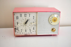 Hot Pink 1959 Philco Model F743-124 AM Vacuum Tube Clock Radio Rare Color Sounds Great!