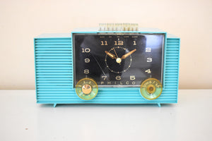 Laguna Turquoise 1959 Philco Model G755-124 Vacuum Tube AM Clock Radio Push Button Mania!