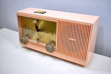 Begonia Pink 1959 Admiral Y3154 Vintage Atomic Age Vacuum Tube AM Radio Clock Sounds Looks Great!