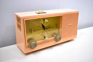 Begonia Pink 1959 Admiral Y3154 Vintage Atomic Age Vacuum Tube AM Radio Clock Sounds Looks Great!