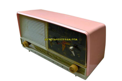 SOLD! - Sept 18, 2018 - Beautiful Powder Pink And White Retro Jetsons 1956 RCA Victor 9-C-71 Tube AM Clock Radio Works Great!