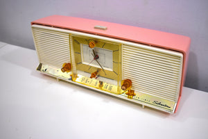 Bonneville Pink 1958 Silvertone Model 9029 AM Clock Radio Dual Speaker Rare Excellent Condition Bells and Whistles!