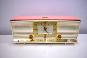 Bonneville Pink 1958 Silvertone Model 9029 AM Clock Radio Dual Speaker Rare Excellent Condition Bells and Whistles!