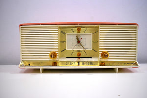 Bonneville Pink 1958 Silvertone Model 9029 AM Clock Radio Dual Speaker Rare Excellent Condition Bells and Whistles!