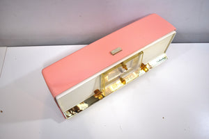 Bonneville Pink 1958 Silvertone Model 9029 AM Clock Radio Dual Speaker Rare Excellent Condition Bells and Whistles!