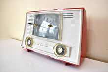 Load image into Gallery viewer, Cardinal Red and White 1962 RCA Victor Model 1-RD-53 AM Vacuum Tube Clock Radio Sleek!