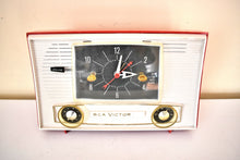 Load image into Gallery viewer, Cardinal Red and White 1962 RCA Victor Model 1-RD-53 AM Vacuum Tube Clock Radio Sleek!