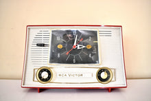 Load image into Gallery viewer, Cardinal Red and White 1962 RCA Victor Model 1-RD-53 AM Vacuum Tube Clock Radio Sleek!