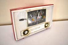 Load image into Gallery viewer, Cardinal Red and White 1962 RCA Victor Model 1-RD-53 AM Vacuum Tube Clock Radio Sleek!