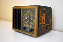 Charger l&#39;image dans la galerie, Oriental Theme Painted Black Bakelite 1946 RCA Victor Model 75X15 Vacuum Tube AM Radio Sounds Great! Looks Spectacular!