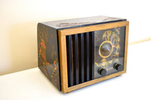 Charger l&#39;image dans la galerie, Oriental Theme Painted Black Bakelite 1946 RCA Victor Model 75X15 Vacuum Tube AM Radio Sounds Great! Looks Spectacular!