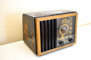 Oriental Theme Painted Black Bakelite 1946 RCA Victor Model 75X15 Vacuum Tube AM Radio Sounds Great! Looks Spectacular!