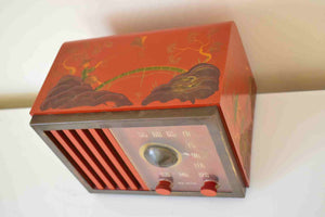Oriental Theme Painted Red Bakelite 1946 RCA Victor Model 75-X-18 Vacuum Tube AM Radio Sounds Great! Looks Spectacular! Excellent Plus Condition!