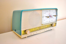 Load image into Gallery viewer, Monterey Turquoise and White 1956 RCA Victor 8-C-7 Vintage Tube AM Clock Radio Real Looker!