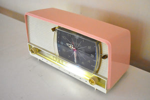 Powder Pink and White 1957 RCA Victor 9-C-7FE Vintage Tube AM Clock Radio Excellent Condition Works Great!