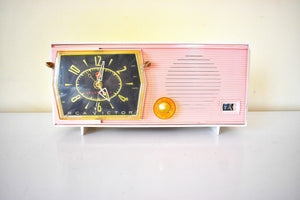 Powder Pink and White 1959 RCA Victor Model C-2FE 'The Timeflair' Vacuum Tube AM Clock Radio Works Great Excellent Condition!