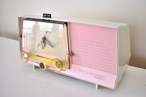 カーネーション ピンクと白 1959 RCA Victor Model C-4FE 真空管 AM クロック ラジオ 美しいデザインと素晴らしいサウンド!