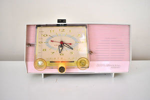 Carnation Pink and White 1959 RCA Victor Model C-4FE Vacuum Tube AM Clock Radio Beautiful Design and Sounds Fabulous!
