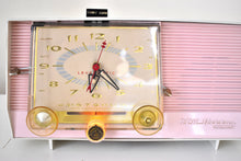 Load image into Gallery viewer, Carnation Pink and White 1959 RCA Victor Model C-4FE Vacuum Tube AM Clock Radio Beautiful Design and Sounds Fabulous!