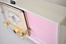 Load image into Gallery viewer, Carnation Pink and White 1959 RCA Victor Model C-4FE Vacuum Tube AM Clock Radio Beautiful Design and Sounds Fabulous!
