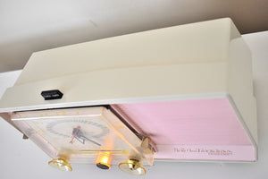 Carnation Pink and White 1959 RCA Victor Model C-4FE Vacuum Tube AM Clock Radio Beautiful Design and Sounds Fabulous!