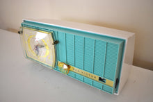Load image into Gallery viewer, Turquoise and White Retro Jetsons Vintage 1957 RCA Victor Model C-3HE AM Vacuum Tube Radio Looks and Sounds Fantastic!