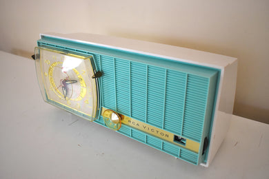 Turquoise and White Retro Jetsons Vintage 1957 RCA Victor Model C-3HE AM Vacuum Tube Radio Looks and Sounds Fantastic!