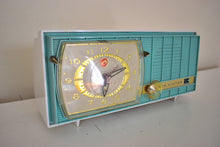 Load image into Gallery viewer, Turquoise and White Retro Jetsons Vintage 1957 RCA Victor Model C-3HE AM Vacuum Tube Radio Looks and Sounds Fantastic!