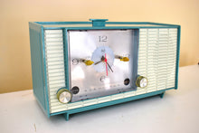 Load image into Gallery viewer, Teal Blue Mid Century Vintage 1957 RCA Victor  Model 4RD40 vacuum Tube AM Clock Radio Cute! Rare Color Combo!