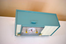 Load image into Gallery viewer, Teal Blue Mid Century Vintage 1957 RCA Victor  Model 4RD40 vacuum Tube AM Clock Radio Cute! Rare Color Combo!
