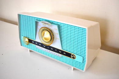 Turquoise and White 1957 RCA Model X-4HE Vacuum Tube AM Radio Works Great Dual Speaker Sound! Excellent Condition!