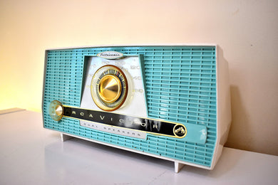 Bluetooth Ready To Go - Turquoise and White 1957 RCA Model X-4HE Vacuum Tube AM Radio Works Great Dual Speaker Sound!