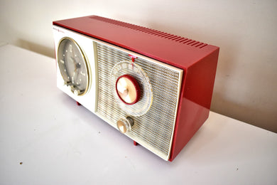 Bluetooth Ready To Go - Corvette Red and White 1959 General Electric GE Vacuum Tube AM Clock Radio Sounds and Looks Great!