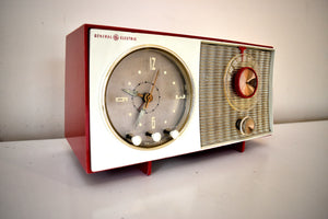 Bluetooth Ready To Go - Corvette Red and White 1959 General Electric GE Vacuum Tube AM Clock Radio Sounds and Looks Great!