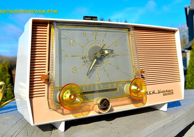 SOLD! - March 27, 2014 - TAN and White Retro Jetsons Vintage 1957 RCA 1-X-5KE AM Tube Clock Radio Totally Restored!