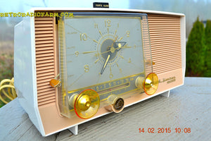 SOLD! - March 27, 2014 - TAN and White Retro Jetsons Vintage 1957 RCA 1-X-5KE AM Tube Clock Radio Totally Restored! - [product_type} - RCA Victor - Retro Radio Farm