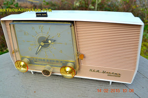 SOLD! - March 27, 2014 - TAN and White Retro Jetsons Vintage 1957 RCA 1-X-5KE AM Tube Clock Radio Totally Restored! - [product_type} - RCA Victor - Retro Radio Farm