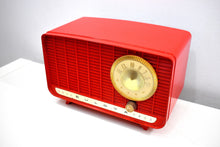 Load image into Gallery viewer, Cardinal Red and Gold 1957 Bulova Deluxe Lyric Model 310 AM Clock Radio Simply Fabulous!