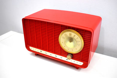 Cardinal Red and Gold 1957 Bulova Deluxe Lyric Model 310 AM Clock Radio Simply Fabulous!