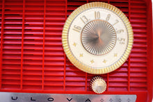 Load image into Gallery viewer, Cardinal Red and Gold 1957 Bulova Deluxe Lyric Model 310 AM Clock Radio Simply Fabulous!