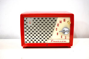 Red Hot Red 1955 Emerson Model 729 Vacuum Tube AM Clock Radio Beauty Sounds Great!