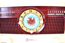 Load image into Gallery viewer, Burgundy Ivory 1950 Jewel Wakemaster Model 5057U Vacuum Tube AM Clock Radio The Master Awaketh!
