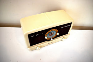 Burgundy Ivory 1950 Jewel Wakemaster Model 5057U Vacuum Tube AM Clock Radio The Master Awaketh!